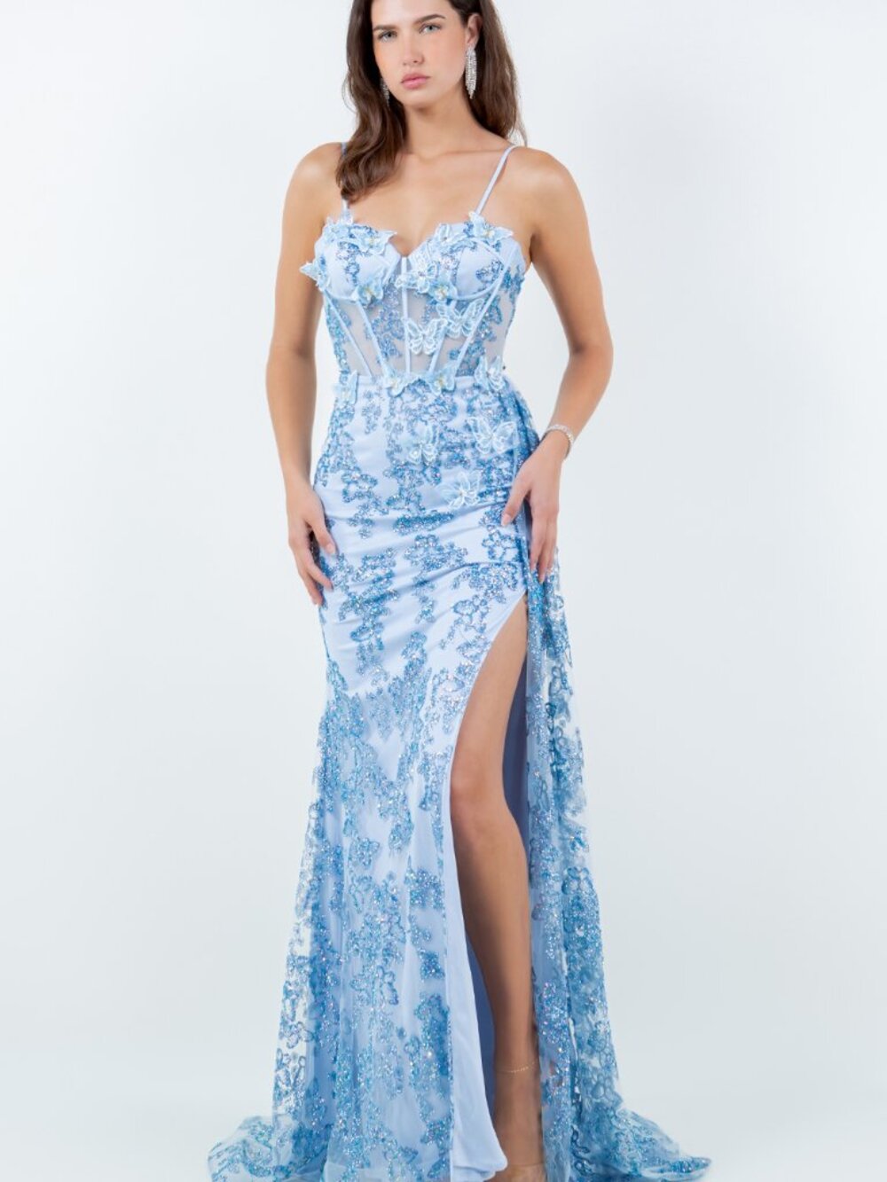 NEW BLUE Satin Strapless Evening Gown Floor Length With Train 8079J